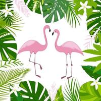 roze flamingo's groene palmbladeren jungle blad samenstelling en witte bloemen mooie bloemen zomer tropische vector illustratie geïsoleerde exotische vogel print