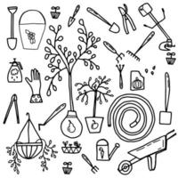 doodle set met tuinthema. diverse apparatuur en faciliteiten voor tuinieren, landbouw, land- en tuinbouw. freehand vector schetsen geïsoleerd op witte achtergrond. vectorillustratie.