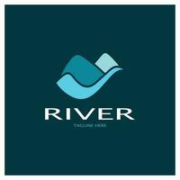 rivier- logo, kreken, rivieroevers en stromen, met combinatie van bergen en bouwland met vector concept ontwerp.