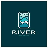 rivier- logo, kreken, rivieroevers en stromen, met combinatie van bergen en bouwland met vector concept ontwerp.