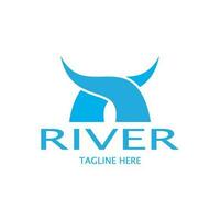 rivier- logo, kreken, rivieroevers en stromen, met combinatie van bergen en bouwland met vector concept ontwerp.