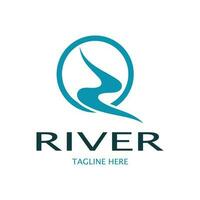 rivier- logo, kreken, rivieroevers en stromen, met combinatie van bergen en bouwland met vector concept ontwerp.