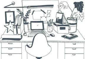 creatief modern werkplaats met laptop, hand- getrokken vector illustratie, schetsen stijl.