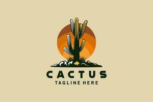 cactus logo ontwerp met creatief wijnoogst zon achtergrond vector