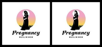zwangerschap logo ontwerp, zwanger mooi moslim vrouw silhouet logo vector illustratie