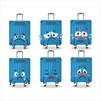 blauw bagage tekenfilm karakter met verdrietig uitdrukking vector