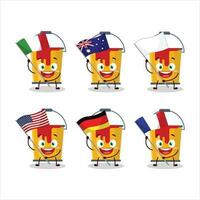 geel verf emmer tekenfilm karakter brengen de vlaggen van divers landen vector