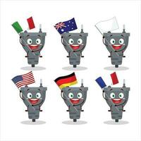zwart plug tekenfilm karakter brengen de vlaggen van divers landen vector