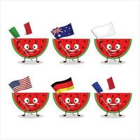 watermeloen tekenfilm karakter brengen de vlaggen van divers landen vector