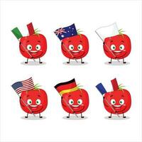tomaat tekenfilm karakter brengen de vlaggen van divers landen vector
