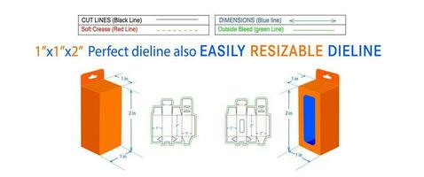 snap slot mobiel oplader doos, hangende venster doos 1x1x2 in doos dieline verpakking ontwerp en 3d doos vector