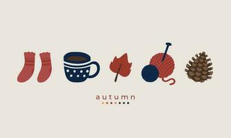 hygge hand- getrokken illustratie reeks van schattig herfst elementen. sokken, koffie beker, bladeren, garen, grenen.voor herfst poster, kaart, scrapbooking , label, uitnodiging, hoofdeinde vector