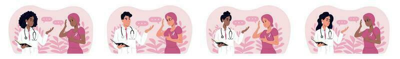 borst kanker bewustzijn maand. artsen en patiënten van verschillend races en leeftijden. mannetje en vrouw artsen pratend naar kanker patiënten. vector
