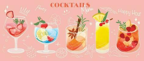 reeks van cocktail drankjes speciaal promoties ontwerp. alcohol drank, vers lekker drankjes, sprankelend water, zomer sap in verschillend bril. klassiek cocktail vector voor advertentie, menu, poster.