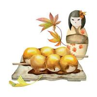 waterverf hand- getrokken traditioneel Japans snoepgoed. herfst mitarashi dango, bladeren, kokeshi pop. geïsoleerd Aan wit achtergrond. ontwerp voor uitnodigingen, restaurant menu, groet kaarten, afdrukken, textiel vector