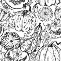 hand- getrokken inkt vector pompoen kalebas squash, bloemen en Liaan. schetsen illustratie kunst voor dankzegging, oogst, landbouw. naadloos patroon. ontwerp voor restaurant menu afdrukken, cafe, website, uitnodiging