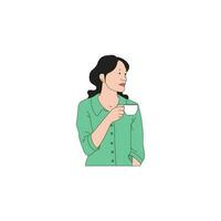 langharig vrouw is genieten van drinken koffie vector