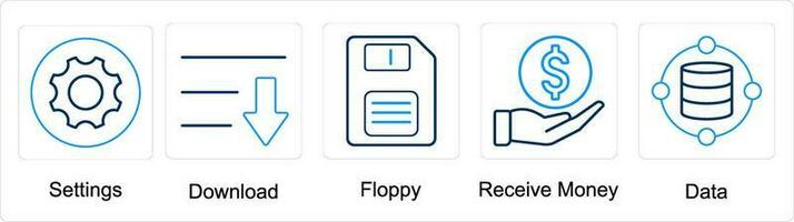 een reeks van 5 mengen pictogrammen net zo instellingen, downloaden, floppy, te ontvangen geld vector