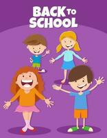 tekenfilm gelukkig kinderen met terug naar school- onderschrift vector
