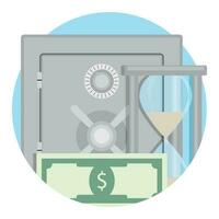 geld in bank storting veilig. bankbiljet en zandloper, bescherming hoofdletters, vector illustratie