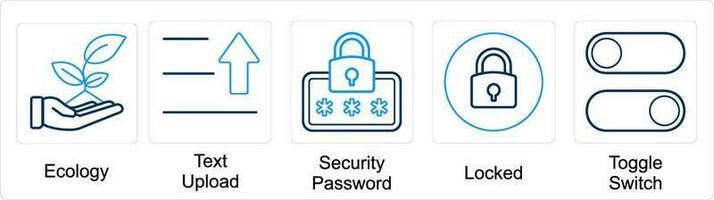 een reeks van 5 mengen pictogrammen net zo ecologie, tekst uploaden, veiligheid wachtwoord vector