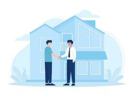 echt landgoed overeenkomst concept met Mens buying een huis van makelaar concept vlak illustratie vector