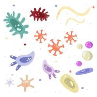 een reeks bacteriën, ziektekiemen, virussen, ziektekiemen. ziekteverwekkend object geïsoleerd op de achtergrond. bacteriële micro-organismen, probiotische cellen. tekenfilmontwerp. vector