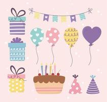 verjaardagstaart geschenken ballonnen gors decoratie viering gelukkige dag set vector