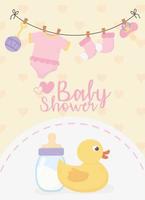 baby shower, eend fles en roze bodysuit sokken fopspeen viering kaart vector