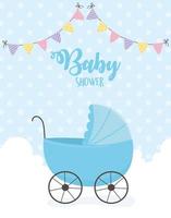 baby shower, blauwe kinderwagen wolken wimpels gestippelde achtergrond vector