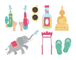 songkran festival olifant zonnebril boeddha sandalen fles pictogrammen vector