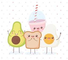 avocado gebakken ei en brood kawaii eten stripfiguur ontwerp vector