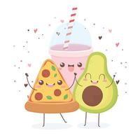 avocado pizza en frisdrank kawaii eten stripfiguur ontwerp vector