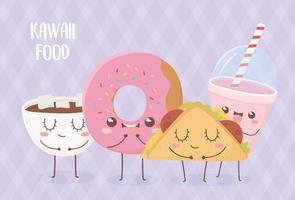 donut chocolade beker donut taco smoothie kawaii voedsel stripfiguur ontwerp vector