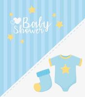 babyshower, blauwe romper en soksterren feestkaart vector