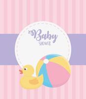 baby shower, rubberen eend en plastic bal roze strepen achtergrond vector