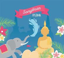 songkran festival olifant boeddha water bloemen decoratie kaart vector