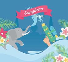 songkran festival olifant en hand met waterpistool bloemen vector