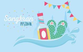 songkran festival teenslippers drinkfles en vlaggetjes vector