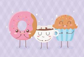 donut cupcake en chocolade beker kawaii voedsel stripfiguur ontwerp vector