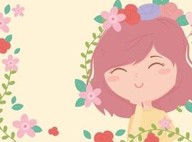 schattige lachende vrouw bloemen bladeren decoratie cartoon vector