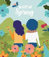 hallo lente vrouwen met bloemen vogel gras natuur seizoen vector