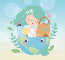 schattig meisje in de wereld met tas flessenplanten milieu ecologie vector