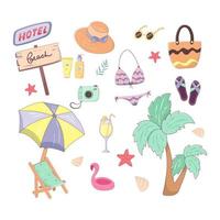 zomerset met geïsoleerde items. collectie met kleding, vegetatie, accessoires, drankjes, camera, paraplu en ligstoel. vectorillustratie in cartoon trendy stijl met omtrek vector