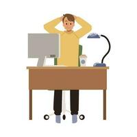 kantoor arbeider zit Bij bureau met computer en strekt zich uit nek - vlak vector illustratie geïsoleerd Aan wit achtergrond.