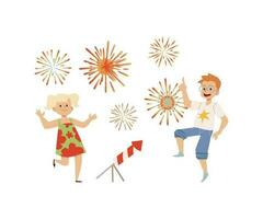 vrolijk kinderen genieten vuurwerk vlak vector illustratie geïsoleerd Aan donker.