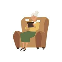 ouderen vrouw zittend Bij stoel gebruik makend van tablet, vlak vector illustratie.