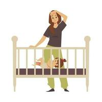 moe vrouw in postpartum depressie in de buurt baby bed, vlak vector illustratie.