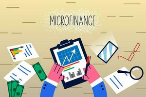 top visie dichtbij omhoog van zakenman zitten Bij bureau werk met grafieken en diagrammen voor opstarten project. mannetje werknemer bezig met financieel papierwerk of statistieken. microfinanciering concept. vector illustratie.