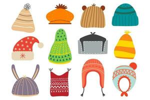 winter hoeden tekening set. verzameling van kleurrijk wollen katoen breiwerk herfst- winters hoofddeksels voor kinderen. kinderachtig gebreid herfst kledingstuk accessoires voor verkoudheid seizoensgebonden weer illustratie voor afdrukken. vector